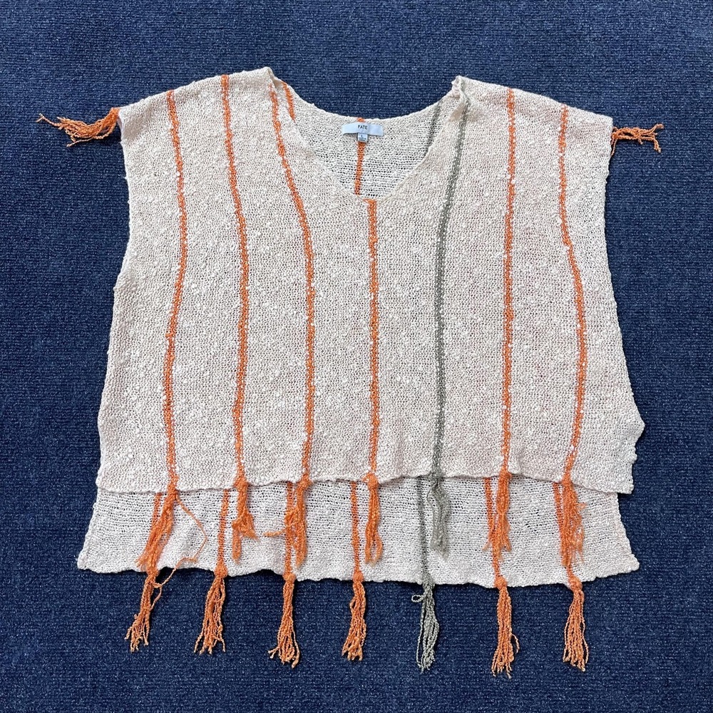 Fate Sweater Womens Large Beige Orange Stripe Fringe Poncho Knit Boho Tassel